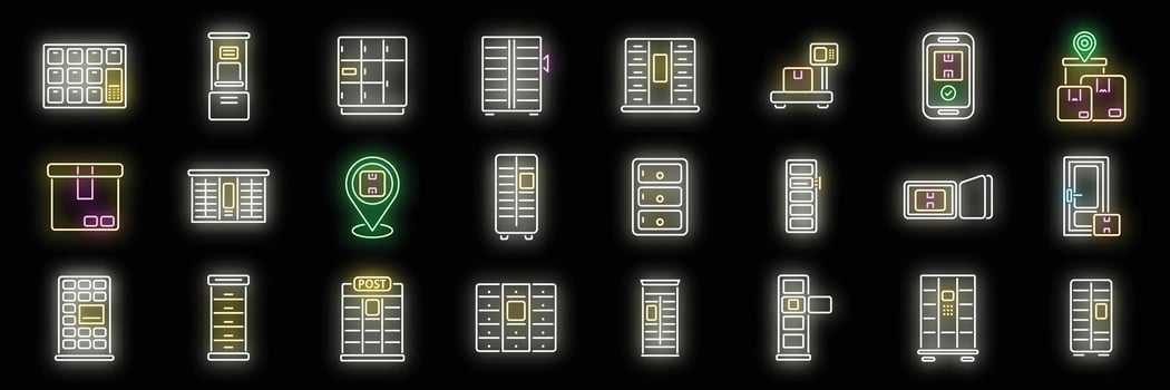 Self-service parcel delivery icons set neon vector