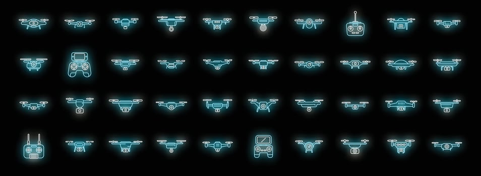 Aerial videography icons set neon vector