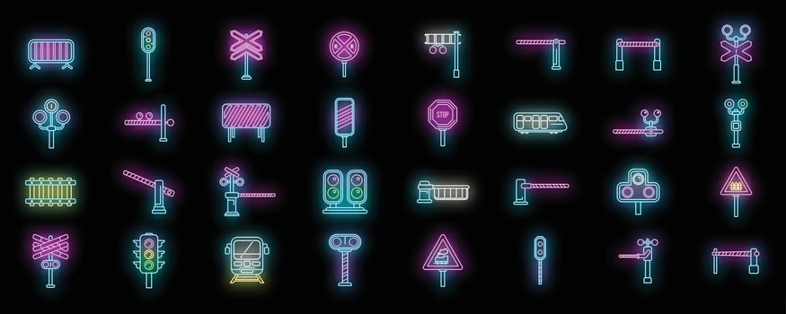 Railway crossing icons set neon vector