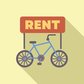 Blue city bike parked under rent sign for bicycle sharing service vector