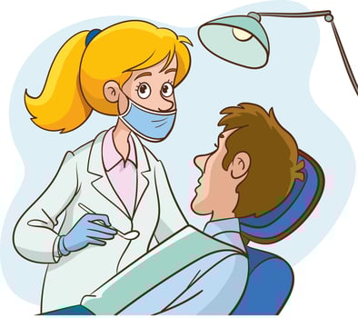 Dentistry concept. dentist treats tooth. Patient lying in medical chair. Examination diagnosis, medicine procedure, dental clinic. character illustration vector