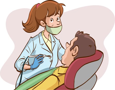 Dentistry concept. dentist treats tooth. Patient lying in medical chair. Examination diagnosis, medicine procedure, dental clinic. character illustration vector