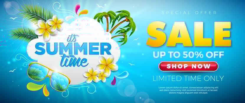 Summer Sale Banner Design with Flower, Sunglasses and Beach Holiday Elements on Blue Background. Tropical Vacation Floral Illustration with Special Offer Typography for Coupon, Voucher, Flyer vector