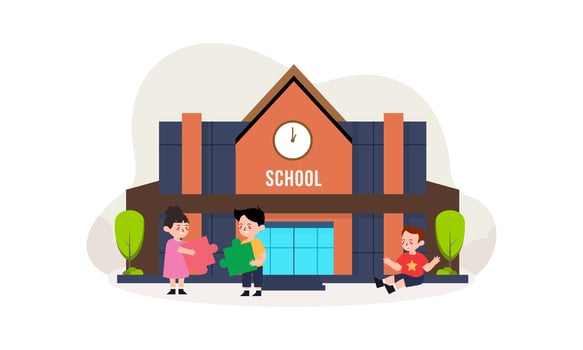 School building and children in the front yard of the school illustration vector