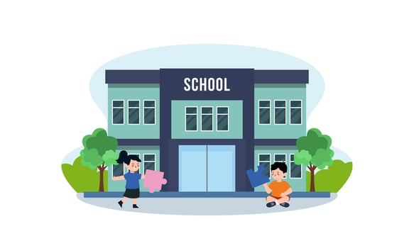 School building and children in the front yard of the school illustration vector