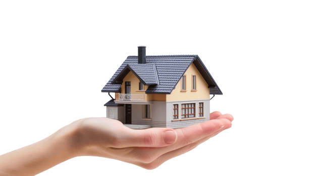 a hand holding a house model on a transparent background png