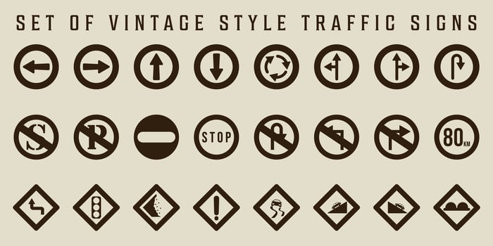 set of isolated traffic signs icon vintage illustration template graphic design. bundle collection of various warning prohibitory mandatory sign or symbol with retro style for road rules vector
