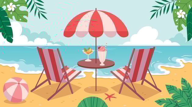 Cartoon tropical landscape with sunbeds overlooking the ocean.Cocktails on the beach. vector