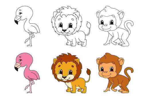 Set coloring page for kids. Cute cartoon characters. vector