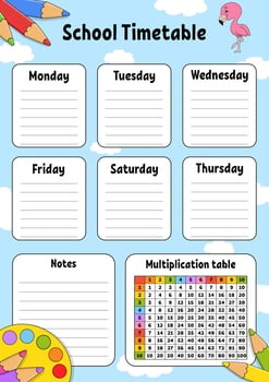 School timetable with multiplication table. vector