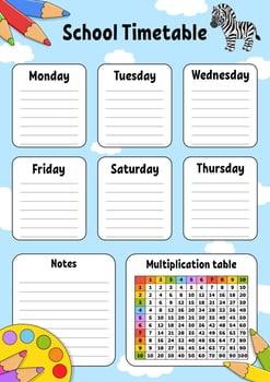 School timetable with multiplication table. vector