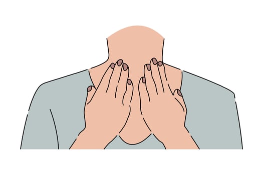 Asthma attack. Woman suffocating, breathing heavily. Sore throat. Hands holding neck with red spot closeup flat illustration. vector
