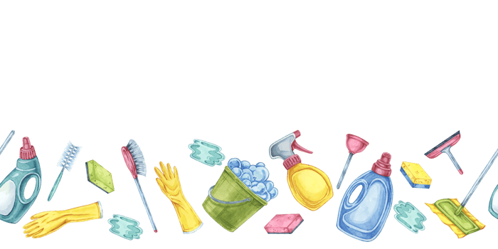 Cleaning toolkit seamless border. Watercolor banner clipart for cleaning services, housekeeping businesses, digital content, classroom posters, brochures, social media, promotional flyers png