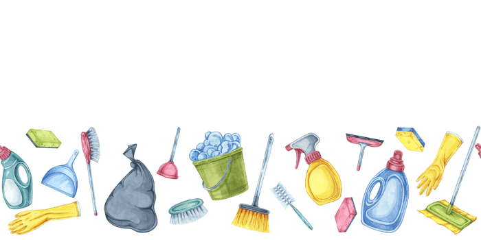 Cleaning toolkit seamless border. Watercolor banner clipart for cleaning services, housekeeping businesses, digital content, classroom posters, brochures, social media, promotional flyers png