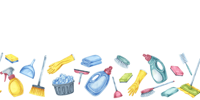 Cleaning toolkit seamless border. Watercolor banner clipart for cleaning services, housekeeping businesses, digital content, classroom posters, brochures, social media, promotional flyers png
