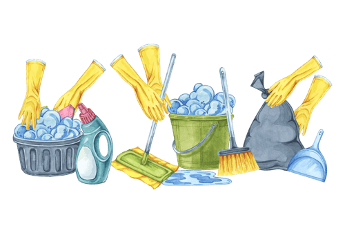 Cleaning essentials, tidy up chores. Watercolor clipart for cleaning services, housekeeping businesses, digital content, classroom posters, brochures, website banners, social media, promotional flyers png
