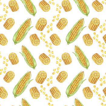 Yellow corn and seeds seamless pattern, autumnal textile, golden cobs background. Watercolor sweetcorn botanical print design for clothes, wallpaper, wrapping paper, scrapbooking, food packaging, Thanksgiving png