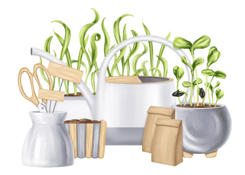 A composition of working tools, watering can, rake, shovel, spray gun, seeds, boxes of greens. Equipment for the garden and home. Agriculture, cultivation of plants and flowers. Isolated illustration png