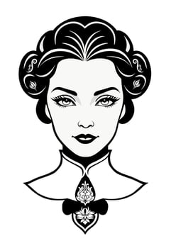 Edwardian hair with voluminous pompadour and hair accessories from 1900s. Collar flower embroidery illustration vector