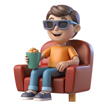 Cartoon boy in 3d glasses with popcorn sitting in the cozy chair and watching movie png
