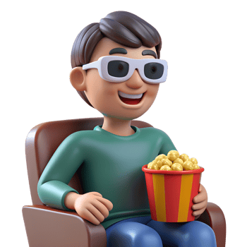 Cartoon boy in 3d glasses with popcorn sitting in the cozy chair and watching movie png