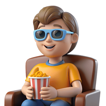 Cartoon boy in 3d glasses with popcorn sitting in the cozy chair and watching movie png