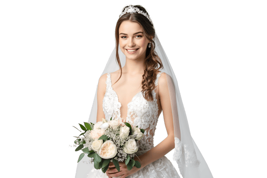 beautiful young bride stands wearing a luxurious wedding gown holding a bouquet of flowers isolated on a transparent background png