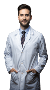 Portrait of a Smiling Male Doctor in a White Lab Coat With Hands in Pockets png