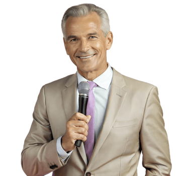 Smiling Man in Suit Holding Microphone Speaking at Event png