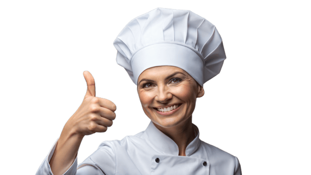 Happy Female Chef Giving Thumbs Up in White Chef Hat and Uniform png