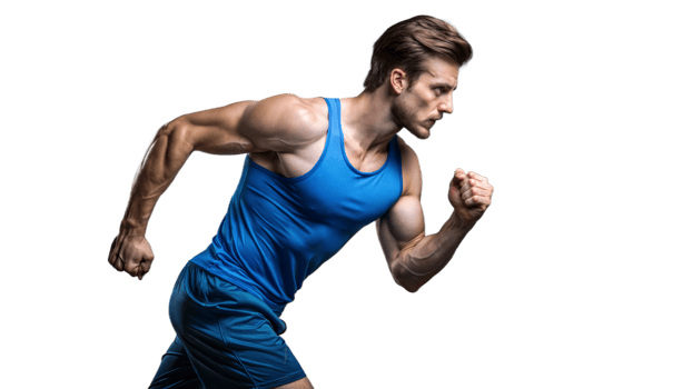 Muscular Man Running in Blue Tank Top and Shorts png