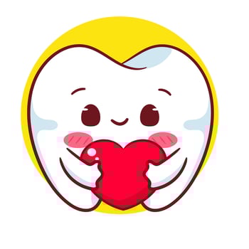 Cute Tooth Holding Love Heart Cartoon Character. Education Human Organ Dental Care Concept Design. Kawaii Object Illustration. Isolated White Background vector
