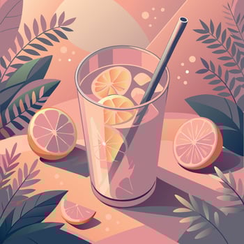 Glass of lemonade with ice and citrus slices, tropical leaves and sunlight vector