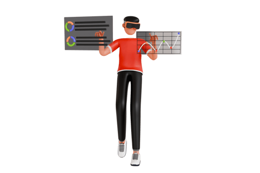 Man Doing Data Analysis in VR Tech 3D Illustration. Metaverse in virtual reality business workplace visualisation png