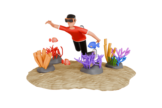 A man experiencing Virtual Sea tour 3d illustration. VR for aquatic experience 3d illustration png