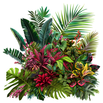 Vibrant Tropical Jungle Illustration with Lush Green Foliage and Exotic Flowers png