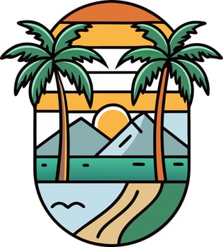 a palm tree and mountain with a sunset in the background vector