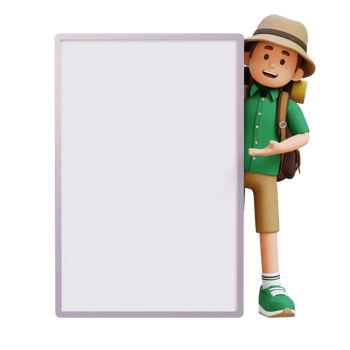 3D Traveller Character Presenting on Blank Placard png