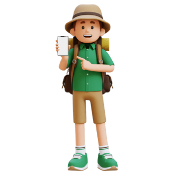 3D Traveller Character Pointing to Empty Phone Screen png