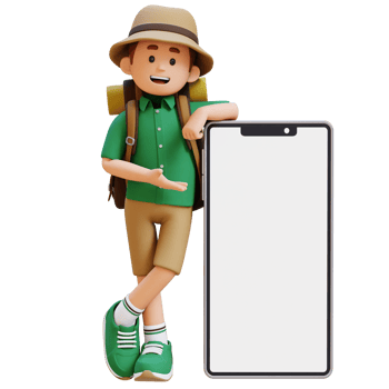 3D Traveller Character Presenting and Lying on Big Empty Phone Screen png