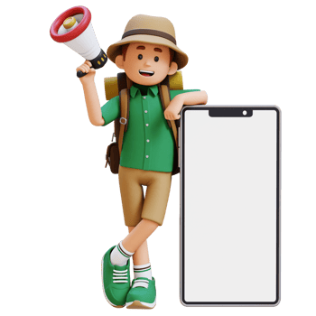 3D Traveller Character Holding Megaphone and Lying on Big Empty Phone Screen png