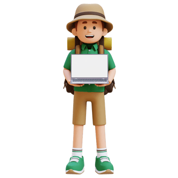 3D Traveller Character Holding Laptop with Empty Screen png