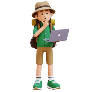 3D Traveller Character Thinking While Working on a Laptop png