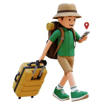 3D Traveller Character Checking Map on Phone while Walking and Pull Suitcase png