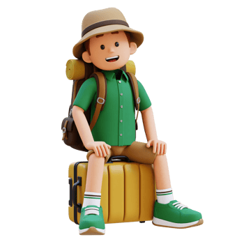 3D Traveller Character Sitting on a Suitcase png
