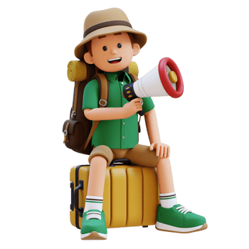 3D Traveller Character Sitting on a Suitcase and holding megaphone png