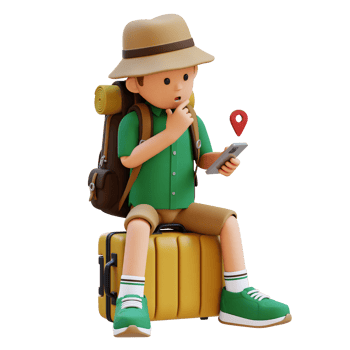 3D Traveller Character Sitting on a Suitcase and checking the GPS Location on smart phone png