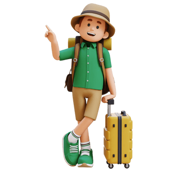 3D Traveller Character Lying on Suitcase while pointing up png