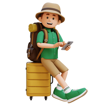 3D Traveller Character Sitting on a Suitcase and holding smart phone png
