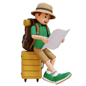 3D Traveller Character Sitting on a Suitcase and Checking the Map png